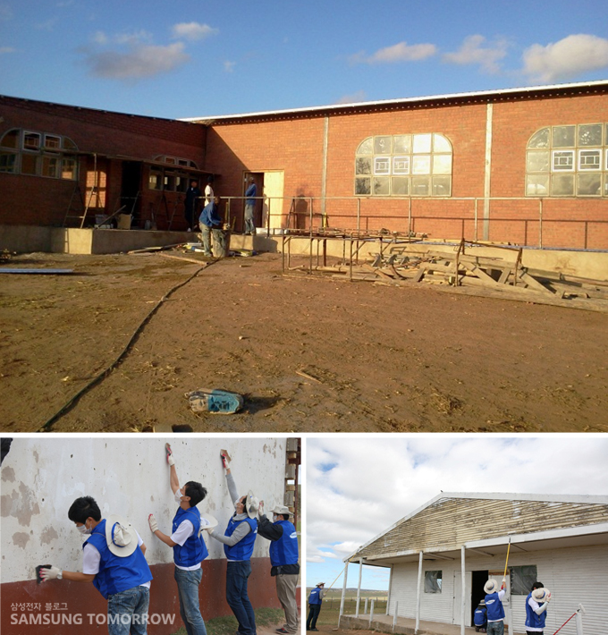 쿠누에 건립되고 있는 만델라 다목적 커뮤니티 센터와 옆에 위치한 no-moscow 초등학교를 수리 하는 삼성 직원들