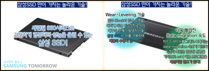 삼성 SSD만이 가지는 놀라운 기술! 세련된 330시리즈로 간단하게 컴퓨터의 성능을 올릴 수 있는 삼성 SSD! 삼성 SSD만이 가지는 놀라운 기술! Wear-Leveling 기술 일부 블럭이 일찍 수명을 다하게 되면 저장장치로서의 내구성 문제가 발생하는데 삼성 SSD는 이를 극복하여 제품의 수명이 길~~다! 더욱 빨라진 Data migration 속도 하드드라이브를 그대로 복제하는 Date migration 속도가 빠르다 기존과 똑같은 컴퓨팅 환경을 가지므로 os나 다른 프로그램을 재설치할 필요가 없다!