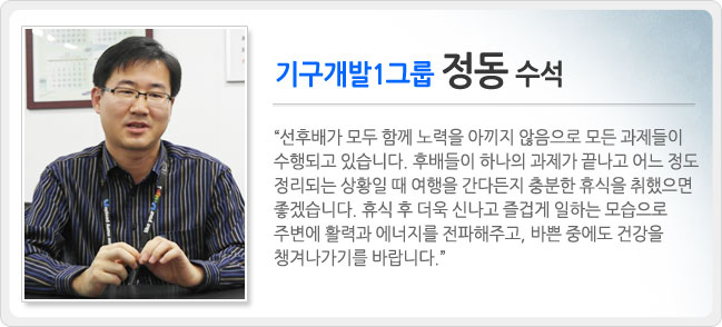 기구개발1그룹 정동 수석, 선후배가 모두 함꼐 노력을 아끼지 않음으로 모든 과제들이 수행되고 있습니다. 후배들이 하나의 과제가 끝나고 어느정도 정리되는 상황일때 여행을 단다든지 충분한 휴식을 취했으면 좋겠습니다.휴식후 더욱 신나고 즐겁게 일하는 모습으로 주변에 활력과 에너지를 전파해주고, 바쁜 중에도 건강을 챙겨나가기를 바랍니다. 