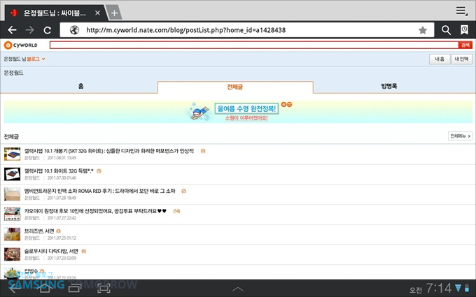 갤럭시탭10.1에서 보는 블로그 화면