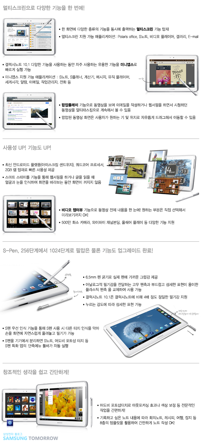 멀티스크림으로 다양한 기능을 한 번에! 한 화면에 다양한 종류의 기능을 동시에 출력하는 멀티스크린 기능 탑재, 멀티스크림 지원 가능 애플리케이션 폴라이스오피스, S노트, 비디오 플레이어, 갤러기, E-mail, 갤럭시노트10.1 다양한 기능을 사용하는 동안 자주 사용하는 유용한 기능을 미니앱스로 빠르게 실행 가능, 미니 앱스 지원가능 애플리 케이션 S노트, S플래너, 계산기, 메시지, 뮤직 플레이어, 세계시각, 알람, 이메일, 작업관리자, 전화 등, 팝업플레이 기능으로 동영상을 보며 이메일을 작성하거나 웹서핑을 하면서 시청하던 동영상을 멀티 태스킹으로 계속해서 볼 수 있음. 팝업된 동영상 화면은 사용자가 원하는 워치로 자유롭게 드래그해서 이동할 수 있음 사용성 업! 기능도 업! 최신 안드로이드 플랫폼 아이스크림 샌드위치 쿼드코어 프로세서, 2GB 램 탑재로 빠른 사용성 제공, 스마트 스테이를 기능을 통해 웹서핑을 하거나 글을 읽을 때 얼굴과 눈을 인식하여 화면을 바라보는 동안 화면이 꺼지지 ㅇ낳음, 비디오 챕터뷰 기능으로 동영상 전체 내용을 한 눈에! 원하는 부분은 직접 선택해서 미리보기 까지 OK! 500만 화소 카메라, 와이파이 채널 본딩, 올쉐어 플레이 등 다양한 기능 지원, S pen 256단계에서 1024단계로 필압은 물론 기능도 업그레이드 완료! 6.5mm 펜 굵기로 실제 펜에 가까운 그립감 제공, 아날로그적 필기감을 전달하는 고무 펜촉과 부드럽고 섬세한 표현이 용이한 플라스틱 펜촉을 교체하여 사용가능, 갤럭시 노트 10.1은 갤럭시 노트에 비해 4배 정도 정밀한 필기감 지원, 누르는 강도에 따라 섬세한 표현 가능, S 펜 우선 인식 기능을 통해 S 펜 사용시 다른 터치 인식을 막아 손을 화면에 자연스럽게 올려놓고 필기가 가능, S 펜을 기기에서 분리하면 S 노트, 어도비 포토샵 터치 등 S 펜 특화 앱의 단축메뉴 툴바라 자동 실행, 창조적인 생각을 쉽고 간단하게! 어도비 포토샵터치로 아웃포커싱 효과나 색상 보정 등 전문적인 작업을 간편하게! 기록하고 싶은 노트 내뇽에 따라 회의노트, 레시피, 여행, 잡지 등 8 종의 템플릿을 활용하여 간편하게 노트 작성 OK! 