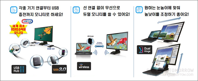 무선통신기술 1. 각종기기 연결부터 usb 충천까지 모니터로 하세요 선연결없이 무선으로 듀얼모니터를 쓸 수 있어요. 원하는 눈 높이에 맞춰 높낮이를 조정하기 좋아요