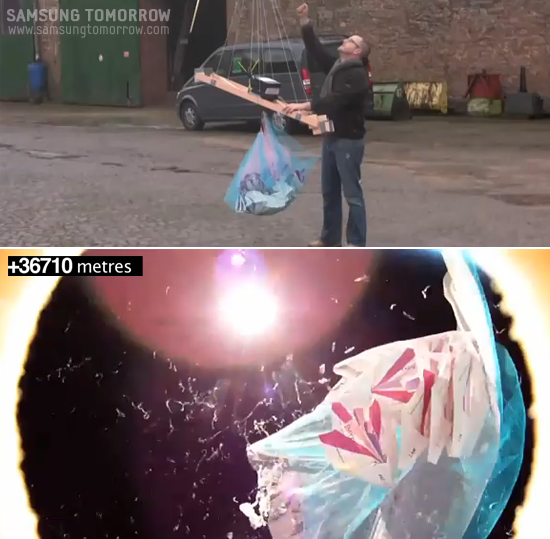 sd카드가 장착된 비행기를 공중으로 띄운 모습. 하늘에서 비행기가 나는 모습