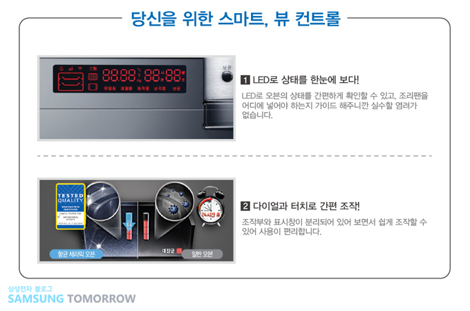 당신을 위한 스마트 , 뷰컨트롤 1 led로 상태를 한눈에 보다! led로 오븐의 상태를 간편하게 확인할 수 있고, 조리팬을 어디에 넣어야 하는지 가이드 해주니깐 실수할 염려가 없습니다. 2 다이얼과 터치로 간편 조작! 조작부와 표시창이 분리되어 있어 보면서 쉽게 조작할 수 있어 사용이 편리합니다