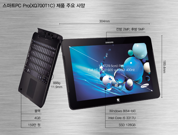 스마트PC Pro 제품 주요사양 블랙, 4GB 159만원, 전방 2MP 후방 5MP 윈도우 8, 인텔 코어 i5, SSD 128GB
