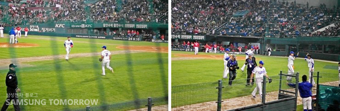 안치용 선수를 플라이 아웃으로 잡고 순식간에 벤치에 돌아오는 오승환 선수