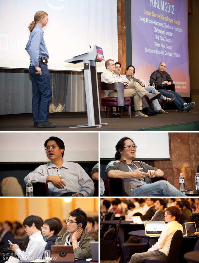 존 코벳, 허태준 그렉 허트만, 테드트쏘가 패널이 되어 질의응답을 하는 모습