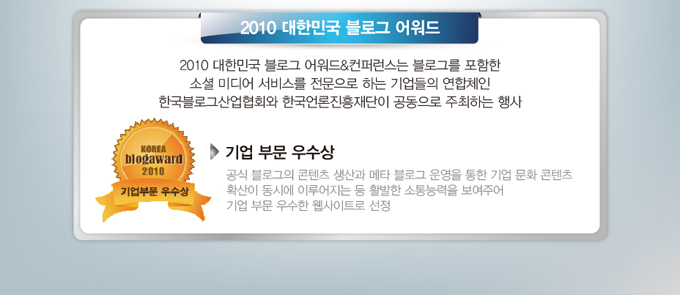 2010 대한민국 블로그 어워드에서 기업부문 우수상(공식 블로그의 콘텐츠 생산과 메타 블로그 운영을 통한 기업 문화 콘텐츠 확산이 동시에 이뤄지는 등 활발한 소통능력을 보여주어 기업부문 우수한 웹사이트로 선정)을 받았습니다. 2010 대한민국 블로그 어워드 & 컨퍼런스는 블로그를 포함한 소셜 미디어 서비스를 전문으로하는 기업들의 연합체인 한국블로그산업협회와 한국언론진흥재단이 공동으로 주최하는 행사입니다.