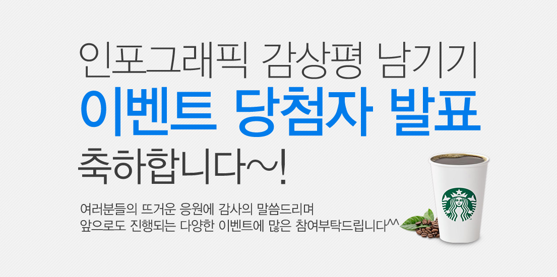 인포그래픽 감상평 남기기 이벤트 당첨자 발표 축하합니다. 여러분들의 뜨거운 응원에 감사의 말씀을 드리며 앞으로도 진행되는 아양한 이벤트에 많은 참여 부탁드립니다.^^