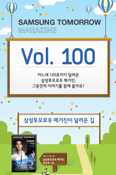 Vol. 100 어느새 100호까지 달려온 삼성투모로우 매거진, 그동안의 이야기를 함께 볼까요? 삼성투모로우 매거진이 달려온 길. 2011.04.09 삼성투모로우 매거진 창간호 1호. 2012.04.19 삼성투모로우 매거진 1st Anniversary. 2013.05.16 삼성투모로우 매거진 50호 특집. 삼성투모로우 매거진을 구독하는 사람들 108,454명(2014.05 현재) 삼성투모로우 매거진을 열어본 사람들 1,933,515명(중복포함) 가장 많이 열러본 삼성투모로우 매거진은? 1. 갤럭시 노트 3 & 갤럭시 기어 국내 출시 2013.09.26 삼성투모로우 매거진 68호 45, 468명. 2. 삼성 언팩 2014 에피소드1 생중계 예고 2014.02.20 삼성투모로우 매거진 87호 41,441명. 3. CES 2014 백배 즐기기 2014.01.09 삼성투모로우 매거진 83호 41,410명. 삼성투모로우 매거진을 읽은 사람들 140,678명(중복포함) 가장 많이 읽은 삼성투모로우 매거진은? 1. 김연아가 직접 부른 ‘Let it Go' 2014.04.11삼성투모로우 매거진 94호 6,531명. 2. The Truth will Always Win(진실은 언제나 승리한다) 2014. 04.18 삼성투모로우 매거진 95호 5,689명. 3. CES 2014 백배즐기기 2014.01.09 삼성투모로우 매거진 83호 5, 571명. 삼성투모로우 매거진에서는 어떤 주제들을 다뤘을까? 전체기사 678건 기업문화 29% 제품79% 제품별 기사 건수(제품 기사 535건 중) 전시회 147 모바일 138 가전 64 TV 59 PC 45 스마트카메라 45 어플리케이션 12 태블릿 10 SSD/반도체 4 기타 10. 앞으로도 다양한 삼성전자의 소식들을 삼성투머로우 매거진으로 만나보세요! WWW. news.samsung.com/kr
