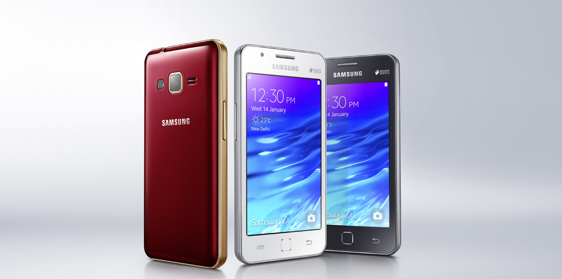 삼성 Z1 와인레드(뒷면) 화이트, 블랙 제품이 차례로 나타나있습니다.