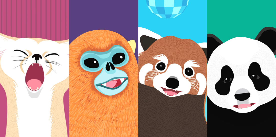 왼쪽부터 사막여우, 황금들창코 원숭이, 랫서팬더, 자이언트 팬더가 있습니다.