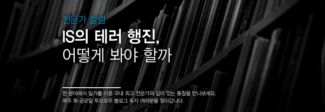 전문가 칼럼 IS의 테러 행진, 어떻게 봐야 할까 한 분야에서 일가를 이룬 국내 최고 전문가의 깊이 있는 통찰을 만나보세요. 매주 화·금요일 투모로우 블로그 독자 여러분을 찾아갑니다.