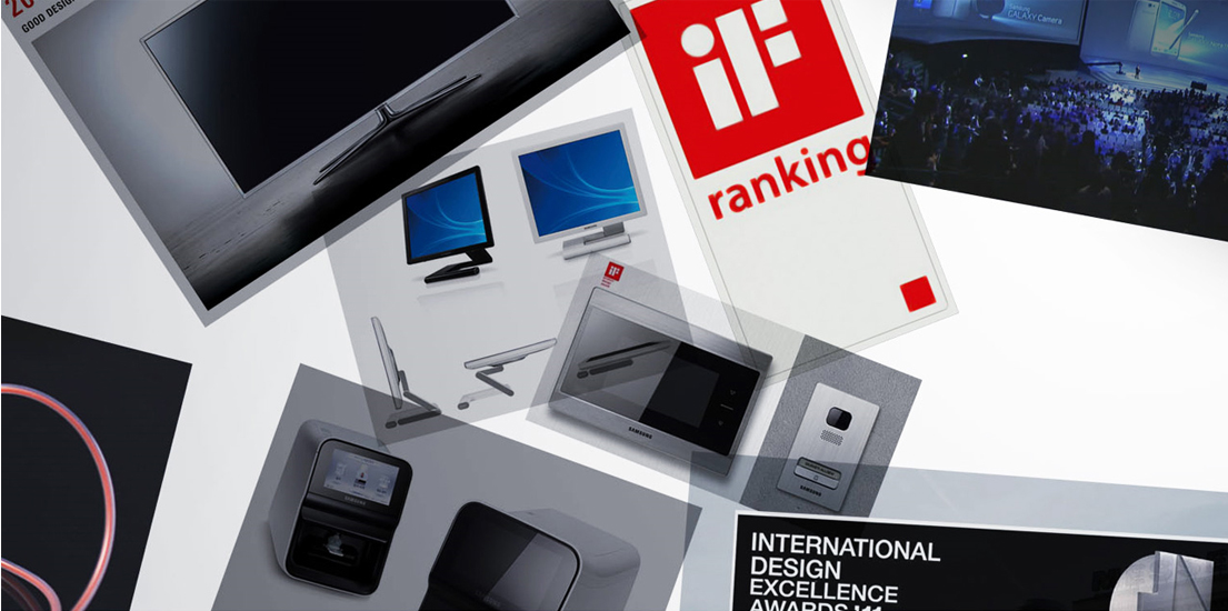 삼성전자의 제품 디자인을 보여줄 수 있는 작품들이 뒤섞여있습니다.