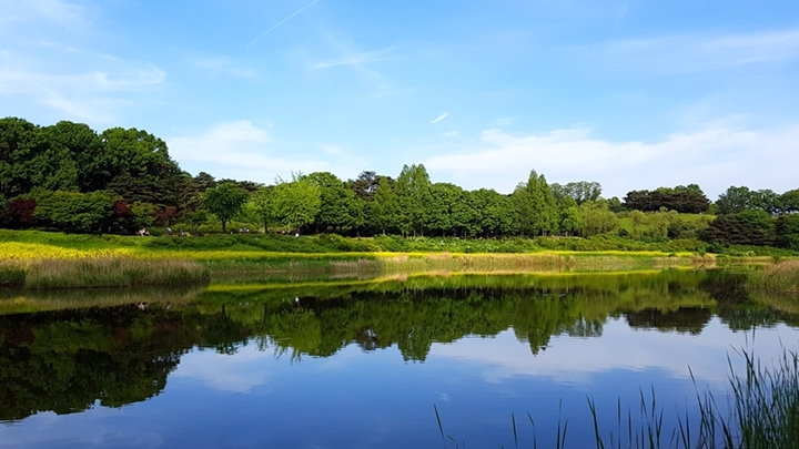 해질 무렵인데도 호수에 반사된 하늘빛이 푸르게 나왔다