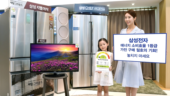 삼성전자 모델들이 4일 논현동 삼성 디지털프라자 강남본점에서 에너지소비효율 1등급 가전제품에 대한 정부의 환급 지원 방침에 발맞춰 7월 한 달간 진행하는 ‘에너지소비효율 1등급 가전제품 할인 대축제’를 소개하고 있는 모습