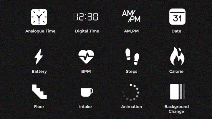 시계는 물론, △심박수 △걸음 수 △소모 칼로리 △애니메이션 등의 디자인 요소를 조합해 디자인할 수 있습니다