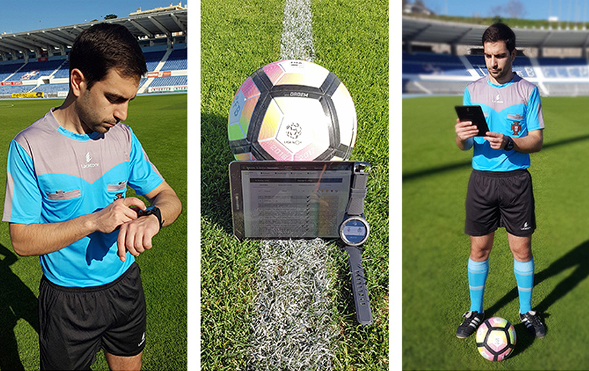 포르투칼 축구 심판이 경기 도중 필요한 정보를 손목 위에 얻기 위해 기어S3,태블릿을 확인하고 있다