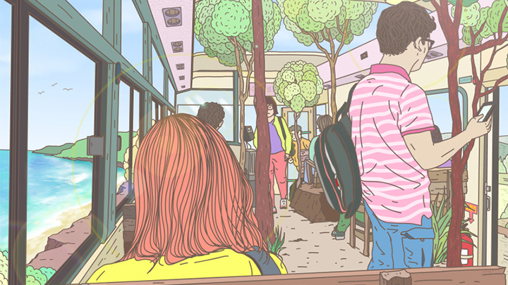 버스에 카고 있는 사람들을 그린 그림