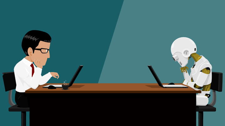 마주앉아 컴퓨터를 하는 로봇과 사람