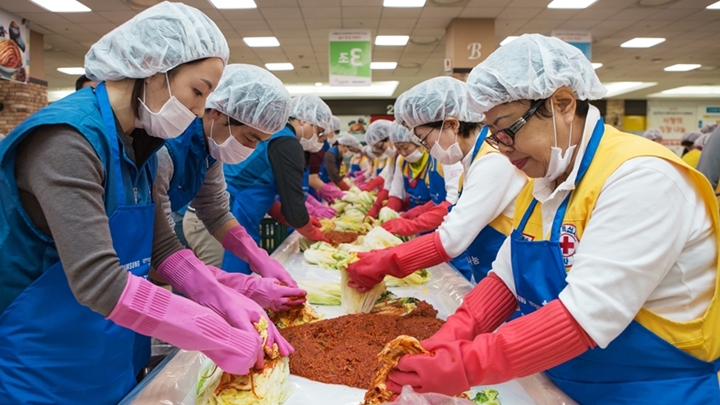 이웃들이 먹을 김치를 준비하는 봉사자들