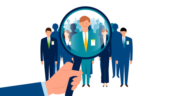 돋보기로 지원자들을 탐색하는 채용팀