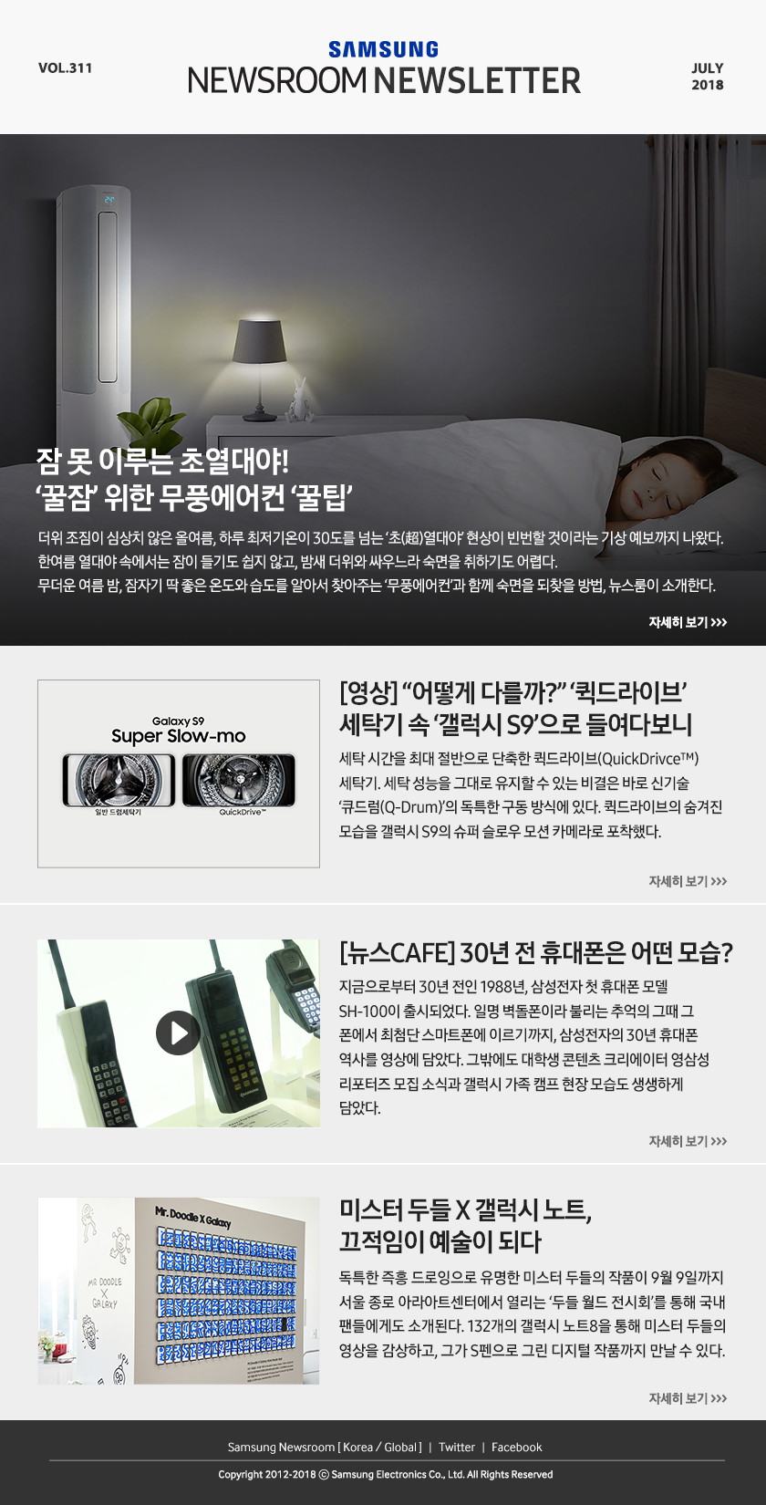 잠 못 이루는 초열대야! ‘꿀잠’ 위한 무풍에어컨 ‘꿀팁’ 더위 조짐이 심상치 않은 올여름, 하루 최저기온이 30도를 넘는 ‘초(超)열대야’ 현상이 빈번할 것이라는 기상 예보까지 나왔다. 한여름 열대야 속에서는 잠이 들기도 쉽지 않고, 밤새 더위와 싸우느라 숙면을 취하기도 어렵다. 무더운 여름 밤, 잠자기 딱 좋은 온도와 습도를 알아서 찾아주는 ‘무풍에어컨’과 함께 숙면을 되찾을 방법, 뉴스룸이 소개한다. [영상] “어떻게 다를까?” ‘퀵드라이브’ 세탁기 속 ‘갤럭시 S9’으로 들여다보니 세탁 시간을 최대 절반으로 단축한 퀵드라이브(QuickDrivce™) 세탁기. 세탁 성능을 그대로 유지할 수 있는 비결은 바로 신기술 ‘큐드럼(Q-Drum)’의 독특한 구동 방식에 있다. 퀵드라이브의 숨겨진 모습을 갤럭시 S9의 슈퍼 슬로우 모션 카메라로 포착했다. [뉴스CAFE] 30년 전 휴대폰은 어떤 모습? 지금으로부터 30년 전인 1988년, 삼성전자 첫 휴대폰 모델 SH-100이 출시되었다. 일명 벽돌폰이라 불리는 추억의 그때 그 폰에서 최첨단 스마트폰에 이르기까지, 삼성전자의 30년 휴대폰 역사를 영상에 담았다. 그밖에도 대학생 콘텐츠 크리에이터 영삼성 리포터즈 모집 소식과 갤럭시 가족 캠프 현장 모습도 생생하게 담았다.미스터 두들 X 갤럭시 노트, 끄적임이 예술이 되다 독특한 즉흥 드로잉으로 유명한 미스터 두들의 작품이 9월 9일까지 서울 종로 아라아트센터에서 열리는 ‘두들 월드 전시회’를 통해 국내 팬들에게도 소개된다. 132개의 갤럭시 노트8을 통해 미스터 두들의 영상을 감상하고, 그가 S펜으로 그린 디지털 작품까지 만날 수 있다.