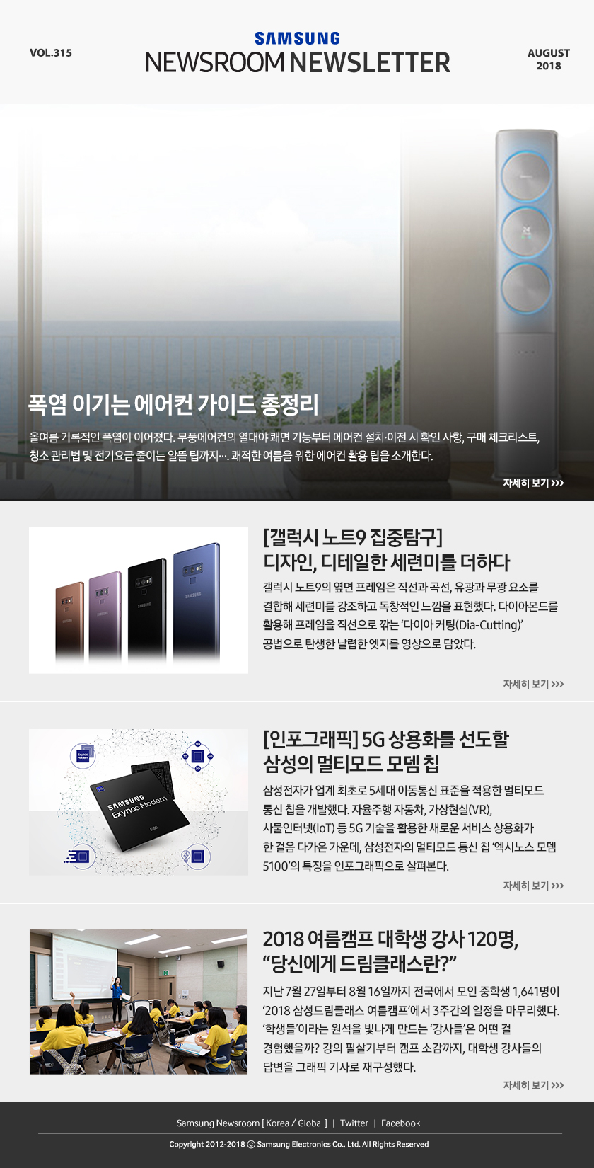 폭염 이기는 에어컨 가이드 총정리. 올여름 기록적인 폭염이 이어졌다. 무풍에어컨의 열대야 쾌면 기능부터 에어컨 설치·이전 시 확인 사항, 구매 체크리스트, 청소 관리법 및 전기요금 줄이는 알뜰 팁까지…. 쾌적한 여름을 위한 에어컨 활용 팁을 소개한다. [갤럭시 노트9 집중탐구] 디자인, 디테일한 세련미를 더하다. 갤럭시 노트9의 옆면 프레임은 직선과 곡선, 유광과 무광 요소를 결합해 세련미를 강조하고 독창적인 느낌을 표현했다. 다이아몬드를 활용해 프레임을 직선으로 깎는 ‘다이아 커팅(Dia-Cutting)’ 공법으로 탄생한 날렵한 엣지를 영상으로 담았다. [인포그래픽] 5G 상용화를 선도할 삼성의 멀티모드 모뎀 칩. 삼성전자가 업계 최초로 5세대 이동통신 표준을 적용한 멀티모드 통신 칩을 개발했다. 자율주행 자동차, 가상현실(VR), 사물인터넷(IoT) 등 5G 기술을 활용한 새로운 서비스 상용화가 한 걸음 다가온 가운데, 삼성전자의 멀티모드 통신 칩 ‘엑시노스 모뎀 5100’의 특징을 인포그래픽으로 살펴본다. 2018 여름캠프 대학생 강사 120명, “당신에게 드림클래스란?” 지난 7월 27일부터 8월 16일까지 전국에서 모인 중학생 1,641명이 ‘2018 삼성드림클래스 여름캠프’에서 3주간의 일정을 마무리했다. ‘학생들’이라는 원석을 빛나게 만드는 ‘강사들’은 어떤 걸 경험했을까? 강의 필살기부터 캠프 소감까지, 대학생 강사들의 답변을 그래픽 기사로 재구성했다.