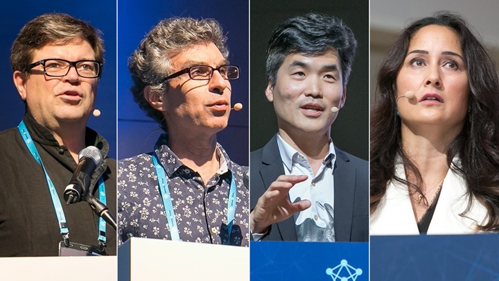 사진 왼쪽부터 뉴욕대학교 얀 르쿤(Yann LeCun) 교수, 몬트리올대학교 요수아 벤지오(Yoshua Bengio) 교수, MIT 미디어랩 신시아 브리질 교수, 삼성리서치 세바스찬 승(Sebastian Seung) 부사장.