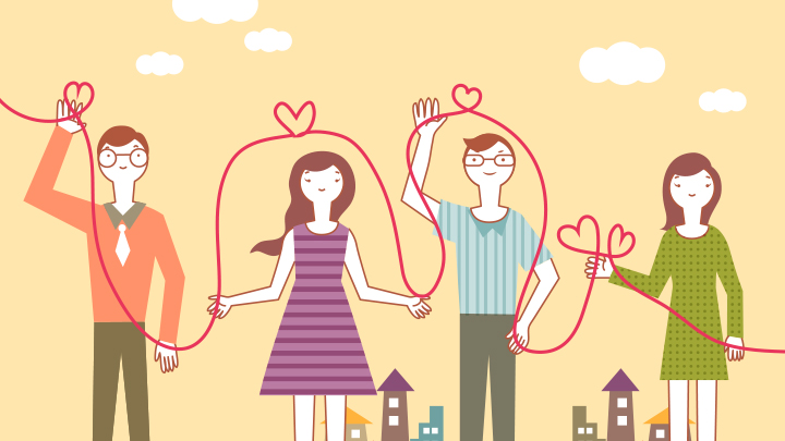 4명의 사람들이 사랑의 끈을 잡고 서 있는 일러스트