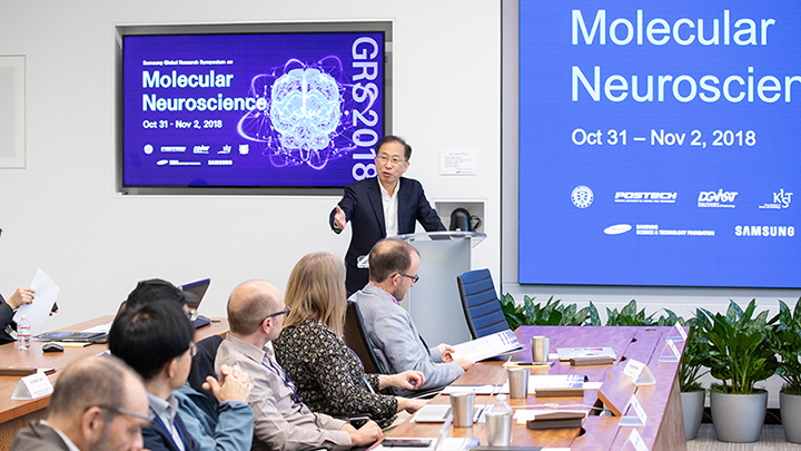 31일(현지시간) ‘삼성 리서치 아메리카’에서 열린 ‘글로벌 리서치 심포지엄’에서 삼성미래기술육성재단 국양 이사장이 인사말을 하고 있다.