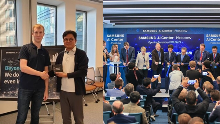 삼성전자 모스크바 AI센터 파블 오스챠코브 연구원(왼쪽)과 삼성리서치 이진욱 러시아연구소장(상무). 오른쪽 사진은 5월 모스크바 AI센터 개소식 장면