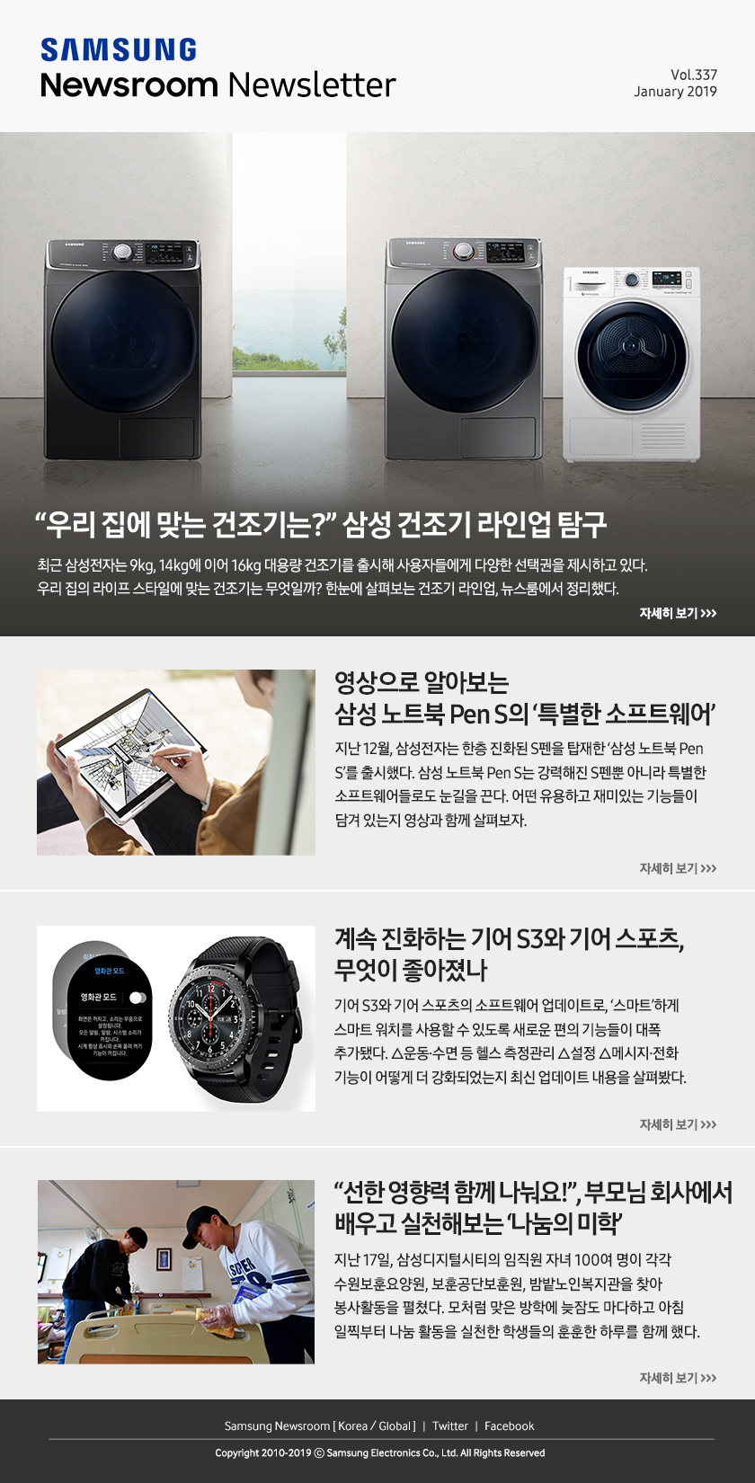 “우리 집에 맞는 건조기는?” 삼성 건조기 라인업 탐구. 최근 삼성전자는 9kg, 14kg에 이어 16kg 대용량 건조기를 출시해 사용자들에게 다양한 선택권을 제시하고 있다. 우리 집의 라이프 스타일에 맞는 건조기는 무엇일까? 한눈에 살펴보는 건조기 라인업, 뉴스룸에서 정리했다. / 영상으로 알아보는 삼성 노트북 Pen S의 ‘특별한 소프트웨어’. 지난 12월, 삼성전자는 한층 진화된 S펜을 탑재한 ‘삼성 노트북 Pen S’를 출시했다. 삼성 노트북 Pen S는 강력해진 S펜뿐 아니라 특별한 소프트웨어들로도 눈길을 끈다. 어떤 유용하고 재미있는 기능들이 담겨 있는지 영상과 함께 살펴보자. / 계속 진화하는 기어 S3와 기어 스포츠, 무엇이 좋아졌나. 기어 S3와 기어 스포츠의 소프트웨어 업데이트로, ‘스마트’하게 스마트 워치를 사용할 수 있도록 새로운 편의 기능들이 대폭 추가됐다. △운동·수면 등 헬스 측정관리 △설정 △메시지·전화 기능이 어떻게 더 강화되었는지 최신 업데이트 내용을 살펴봤다. / “선한 영향력 함께 나눠요!”, 부모님 회사에서 배우고 실천해보는 ‘나눔의 미학’. 지난 17일, 삼성디지털시티의 임직원 자녀 100여 명이 각각 수원보훈요양원, 보훈공단보훈원, 밤밭노인복지관을 찾아 봉사활동을 펼쳤다. 모처럼 맞은 방학에 늦잠도 마다하고 아침 일찍부터 나눔 활동을 실천한 학생들의 훈훈한 하루를 함께 했다.