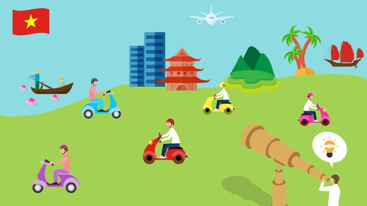 망원경으로 베트남 현지 시장을 살펴보는 사람