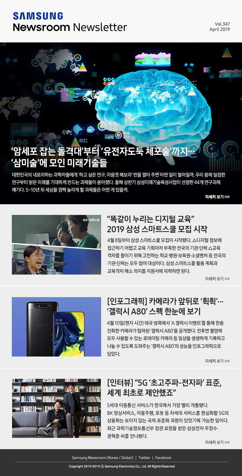 ‘암세포 잡는 돌격대’부터 ‘유전자도둑 체포술’까지…‘삼미술’에 모인 미래기술들. 대한민국의 내로라하는 과학자들에게 ‘하고 싶은 연구, 마음껏 해보라’ 판을 깔아 주면 어떤 일이 벌어질까. 우리 몸에 밀접한 연구부터 밝은 미래를 기대하게 만드는 과제들이 쏟아졌다. 올해 상반기 삼성미래기술육성사업이 선정한 44개 연구과제 얘기다. 5~10년 뒤 세상을 깜짝 놀라게 할 과제들은 어떤 게 있을까. / “똑같이 누리는 디지털 교육” 2019 삼성 스마트스쿨 모집 시작. 4월 8일부터 삼성 스마트스쿨 모집이 시작됐다. △디지털 정보에 접근하기 어렵고 교육 기회마저 부족한 전국의 기관·단체 △교육 격차를 줄이기 위해 고민하는 학교·병원·보육원·소셜벤처 등 전국의 기관·단체는 모두 참여 대상이다. 삼성 스마트스쿨 활용 계획과 교육격차 해소 의지를 지원서에 피력하면 된다. / [인포그래픽] 카메라가 앞뒤로 ‘휙휙’…‘갤럭시 A80’ 스펙 한눈에 보기. 4월 10일(현지 시간) 태국 방콕에서 ‘A 갤럭시 이벤트’를 통해 한층 진화한 카메라가 탑재된 ‘갤럭시 A80’을 공개했다. 전후면 촬영에 모두 사용할 수 있는 로테이팅 카메라 등 일상을 생생하게 기록하고 나눌 수 있도록 도와주는 ‘갤럭시 A80’의 성능을 인포그래픽으로 담았다. / [인터뷰] “5G ‘초고주파-전자파’ 표준, 세계 최초로 제안했죠”. 5세대 이동통신 서비스가 한국에서 가장 빨리 개통됐다. 8K 영상서비스, 자율주행, 로봇 등 차세대 서비스를 현실화할 5G의 상용화는 보이지 않는 국제 표준화 과정이 있었기에 가능한 일이다. 최근 과학기술정보통신부 장관 표창을 받은 삼성전자 우정수·권혁춘 씨를 만나봤다.