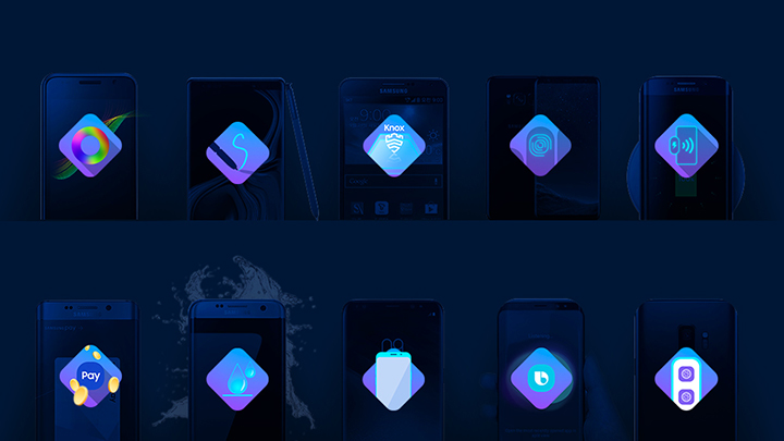 갤럭시 10대 혁신 기술 아몰레드 디스플레이 / S펜 / 삼성 녹스 / 생체인식 / 무선충전 / 삼성페이 / 방수방진 / 인피니티디스플레이 / 빅스비 / 프로 수준의 카메라