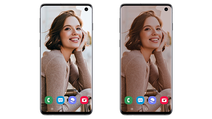 홈 화면에 야간 모드를 적용할 수 있는 업데이트된 One UI (오른쪽)