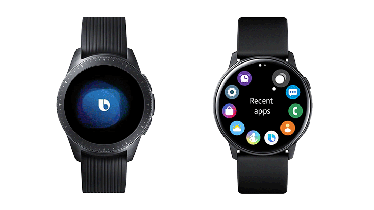 갤럭시 워치: 빅스비 → Set a reminder → What's your reminder about? → Buy milk → Reminder creared → Buy milke no alert 갤럭시 액티브 워치: recent app → message → camera → layout(Rotary view) → Rotary view