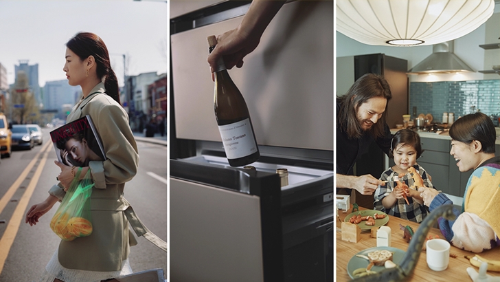 비스포크 라이프스타일 컷 / 장을 보고 가는 여자, 냉장고에서 와인 꺼내는 모습, 엄마 아빠 아이가 식탁에서 밥 먹는 모습