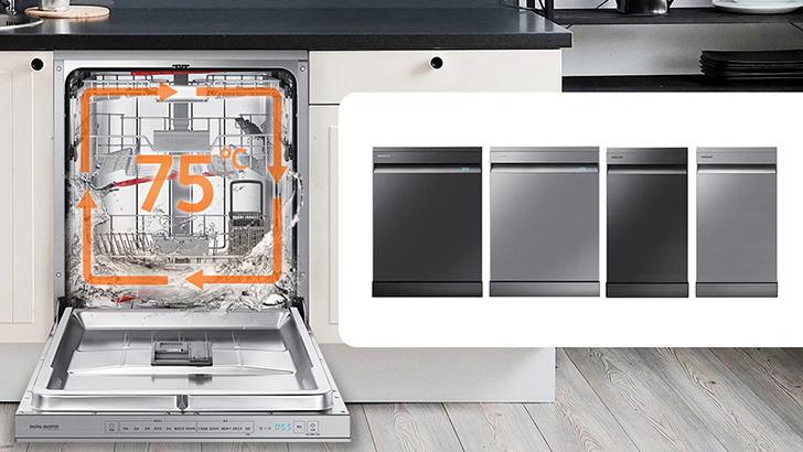75도씨 온도로 세척하는 식기세척기, 옆에는 다양한 식기세척기 모델들, 살균 인증 마크