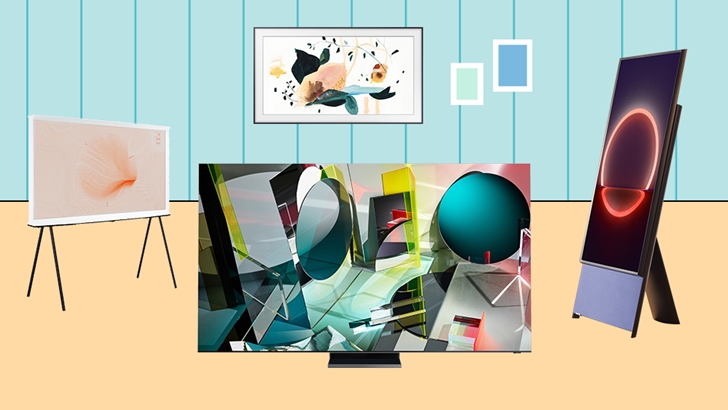 QLED 8K, 더 프레임, 더 세리프, 더 세로 TV가 어우러진 모습