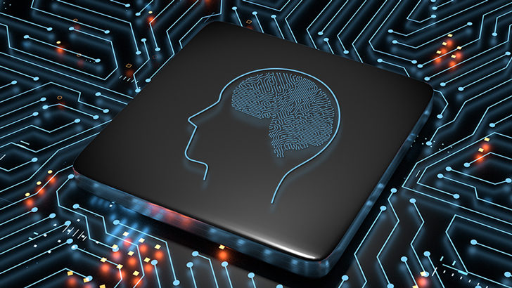 전자 회로에 사람 뇌 모양으로 표현된 AI 이미지