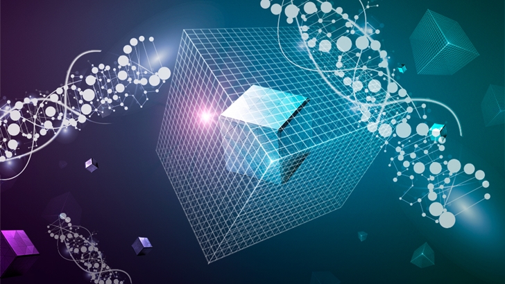 유전공학과 소재공학을 이미지화한 모습 유전자와 4각형 박스 형태의 이미지