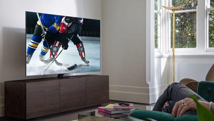 거실에서 아이스하키 경기를 보는 모습