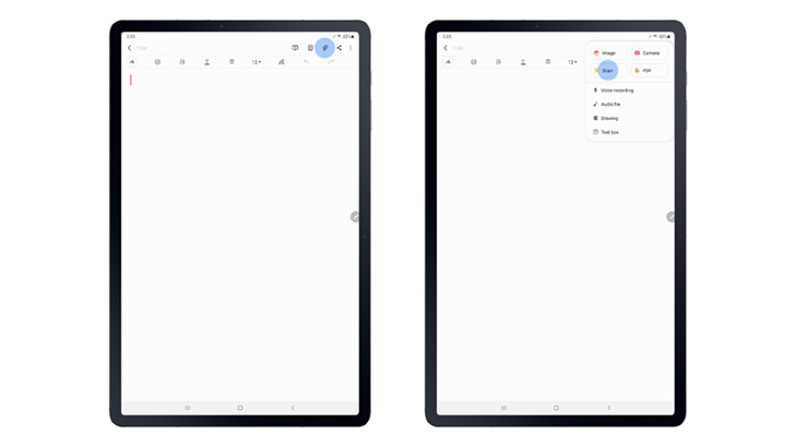 삼성 노트 앱의 ‘첨부’ 아이콘을 누르고 문서를 스캔할 수 있는 아이콘이 추가돼, 스캔한 이미지가 바로 삼성 노트에 띄워져 열람과 편집을 바로 진행할 수 있다.