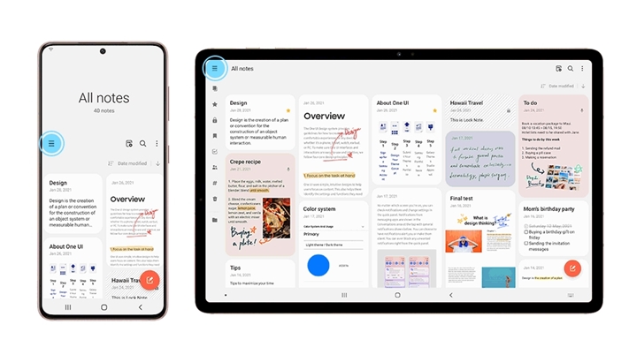 갤럭시 S21(좌)과 갤럭시 탭 S7+(우)에서 각각 네비게이션 메뉴(파란색 표시)가 어떻게 보이는지를 보여줌