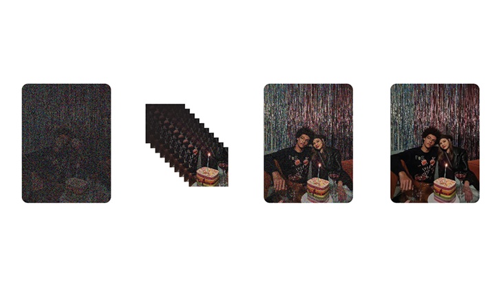 시나리오: 조명이 어두운 공간에서 사진을 촬영 1단계 다양한 노출 값이 적용된 프레임을 여러 장 캡처 (최대 20프레임) 2단계 이미지가 겹쳐지고 개선되며, 밝기가 조정됨 3단계 노이즈가 감소된 최종 결과물 완성