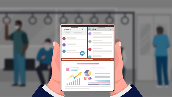 폴드2의 멀티 액티브 윈도우로 여러 업무를 동시에 수행하는 모습