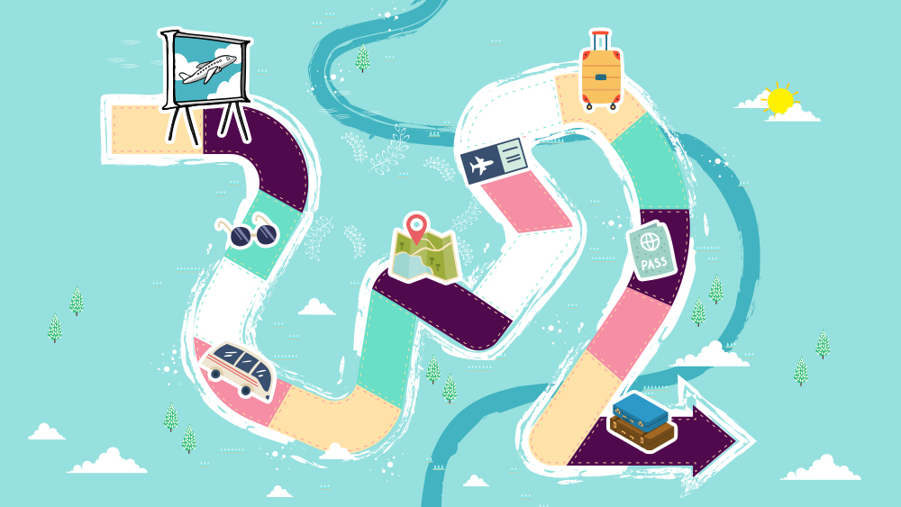 The Serif 아이콘이 여행 관련 아이콘이 놓인 길 위를 여행하는 모습