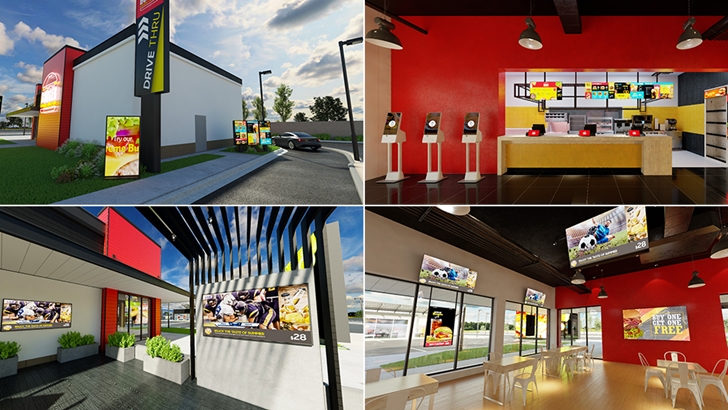 (윗줄 왼쪽부터 시계방향으로) 퀵서비스 레스토랑 드라이브스루, 매장 내부 주문 결제 디스플레이, 매장 내부의 프로모션 디스플레이, 매장 뒤편 테라스